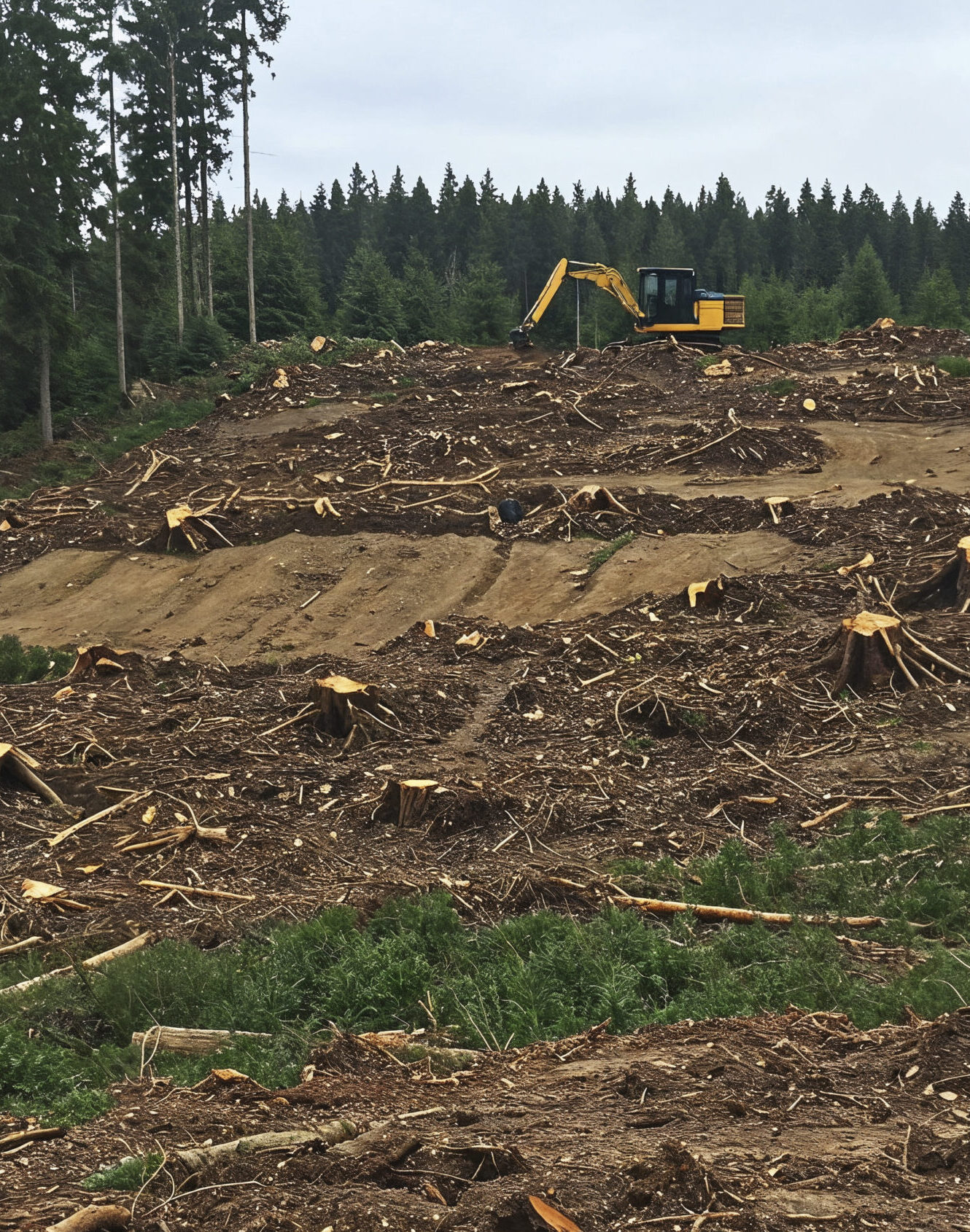 Yellow excavator clearing stumps on a deforested hillside.